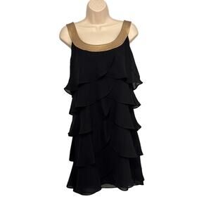 Signature by Robbie Bee Black with Gold Neckline Sleeveless Ruffle Layered Dress
